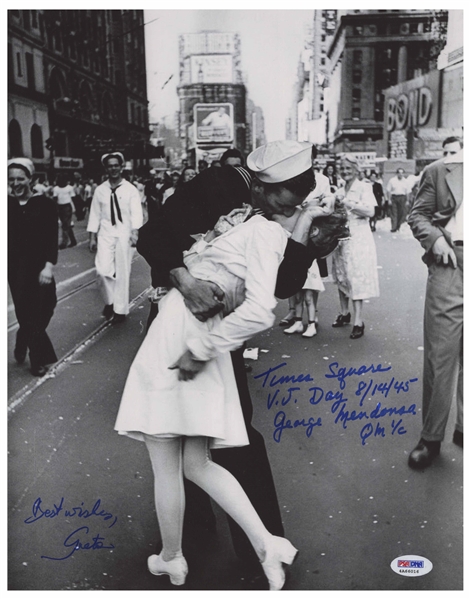 Photo of the Iconic Times Square Kiss to Celebrate the End of World War II, Signed by the Couple Greta Zimmer & George Mendonsa -- Photo Measures 11'' x 14'', With PSA/DNA COA