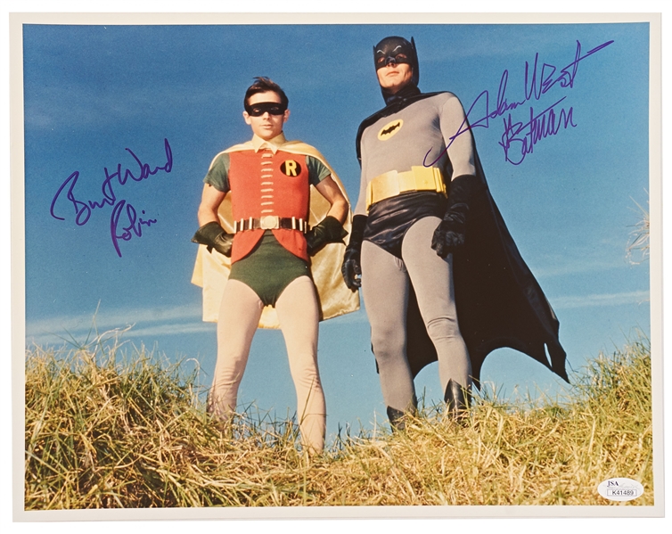 Adam West and Burt Ward Signed 14'' x 11'' Photo From ''Batman'' -- Uninscribed, With Both Men Adding Their Characters' Names -- With JSA COA