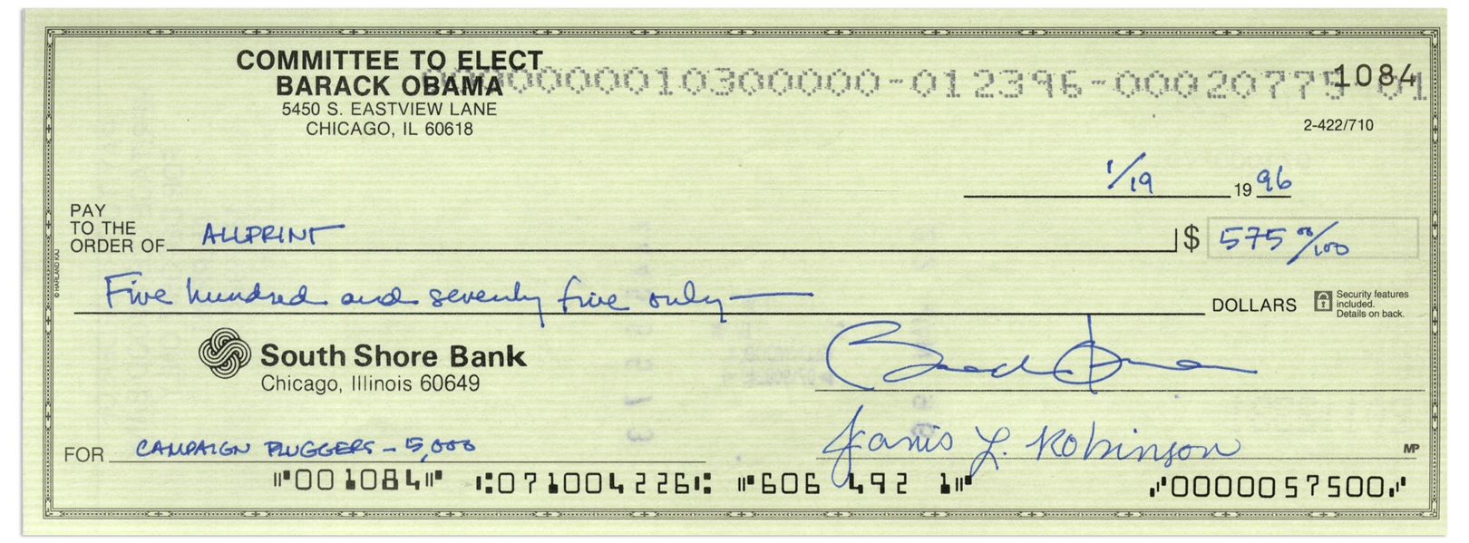 Scarce Check Handwritten and Signed by Barack Obama From the ''Committee to Elect Barack Obama'' Bank Account