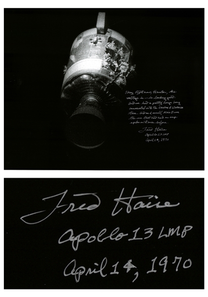 Fred Haise Signed 20'' x 16'' Photo of Apollo 13's Damaged Service Module -- ''...And we had a pretty large bang...''