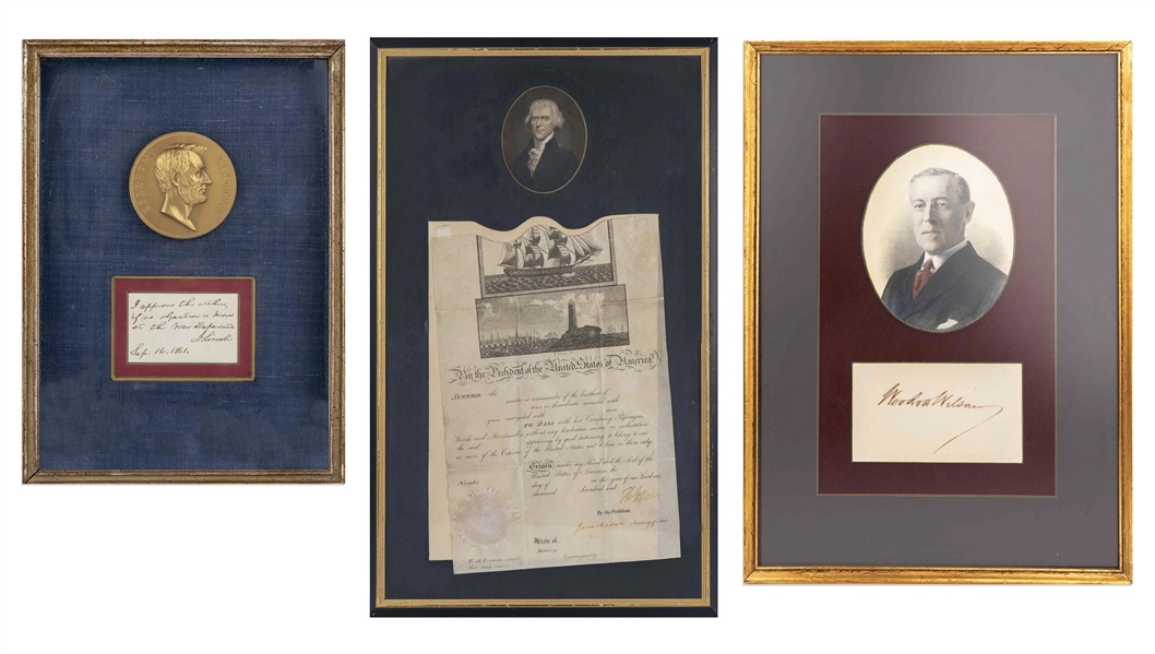 Collection of Items Signed by Four Presidents: Thomas Jefferson & James Madison Ships Paper Signed, Abraham Lincoln Autograph Note Signed, and Woodrow Wilson Signature