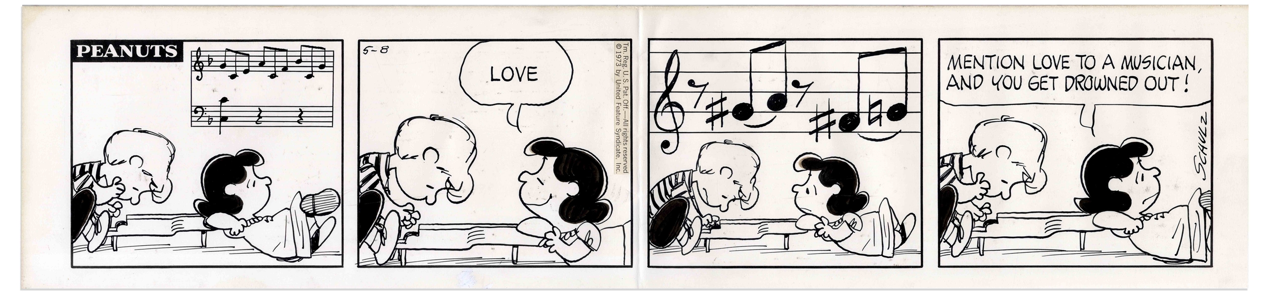 Charles Schulz Original ''Peanuts'' Comic Strip Featuring Schroeder & Lucy -- With Hand-Drawn Musical Notes