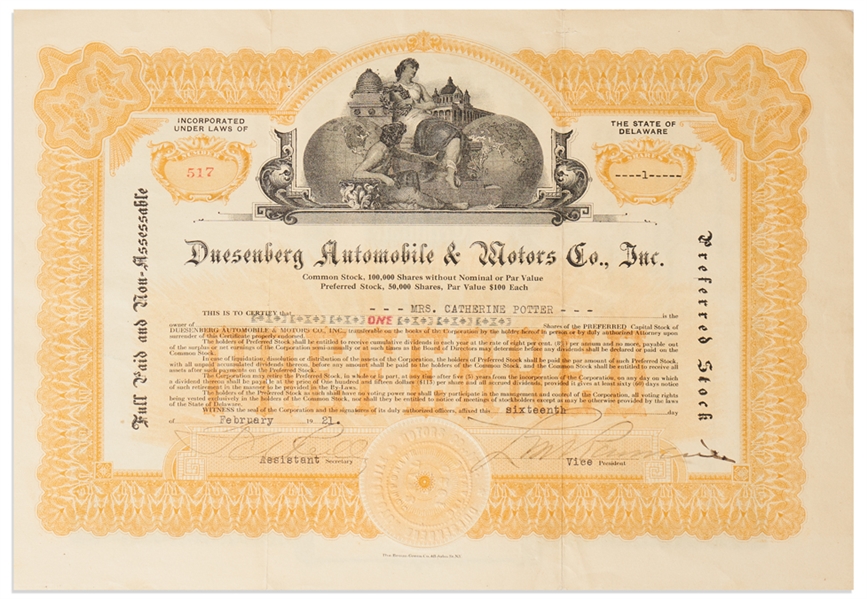 Duesenberg Automobile & Motors Co. Stock Certificate From 1921 -- With ''Beehive'' Vignette