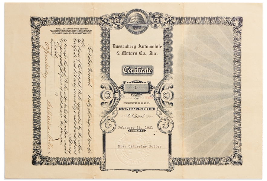 Duesenberg Automobile & Motors Co. Stock Certificate From 1921 -- With ''Beehive'' Vignette