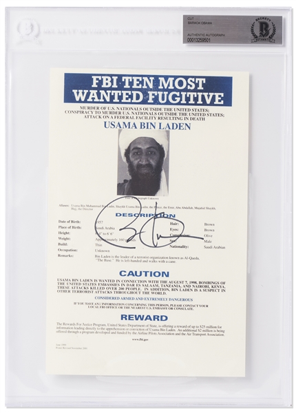 Barack Obama Signed Souvenir Photo of Osama bin Laden's FBI Most Wanted Poster -- Beckett Encapsulated
