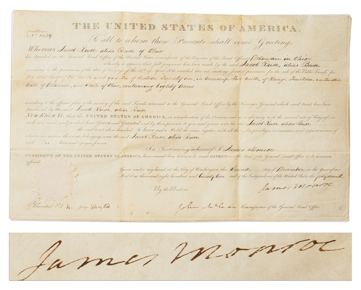 James Monroe Ohio Land Grant Signed as President