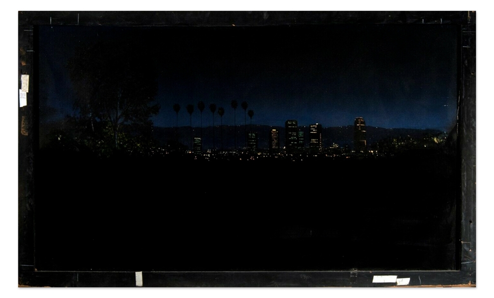 ''L.A. Story'' Screen-Used Matte Painting by Syd Dutton Showing Los Angeles at Night, With Backlighting on Reverse -- Large Painting Measures 70'' x 42''