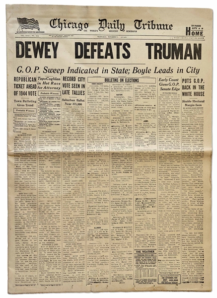 ''Dewey Defeats Truman'' Newspaper -- The Most Famous Newspaper Mistake of All Time -- Near Fine Condition