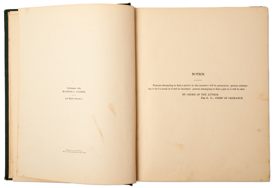 First Edition, First Printing of Mark Twain's Masterpiece, ''Adventures of Huckleberry Finn''