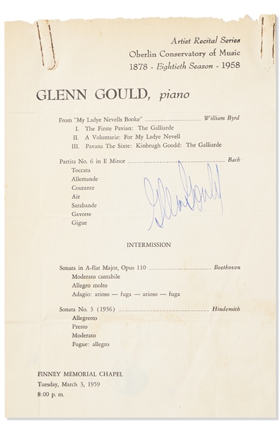 Glenn Gould Signed Piano Program From 1959