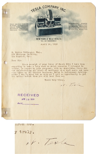 Scarce Nikola Tesla Letter Signed on His Tesla Company Stationery
