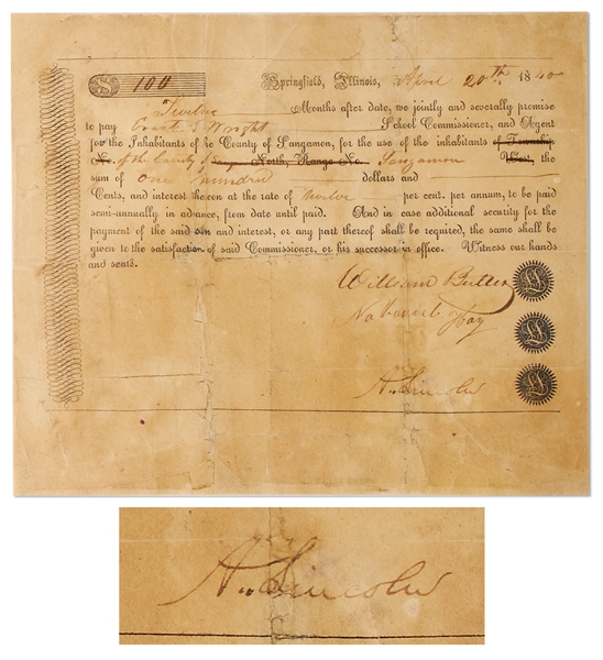 Abraham Lincoln Promissory Note Signed in 1840 as a Young Lawyer -- With University Archives COA