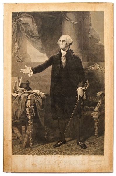 Large 19th Century Engraving of George Washington by Gilbert Stuart -- Measures 15.5'' x 23.75''