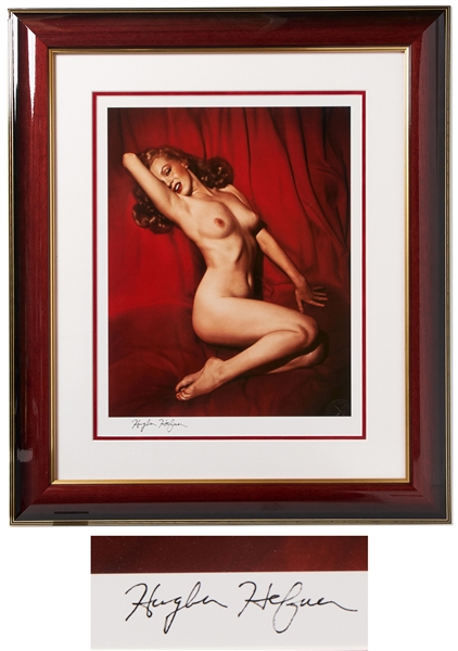 Hugh Hefner Signed Photo of Marilyn Monroe's Famous ''Red Velvet'' Pose -- The Cover Shot of the First ''Playboy'' Issue
