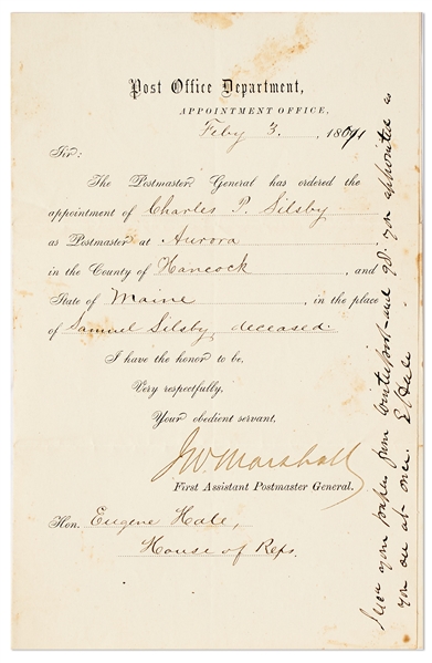 Post Office Appointment Signed by James Marshall, Member of Ulysses S. Grant's Cabinet and Eugene Hale, U.S. Senator from Maine