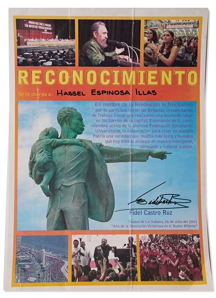 Fidel Castro Signed Poster -- Issued to a Graduate of the University Brigade of Social Work