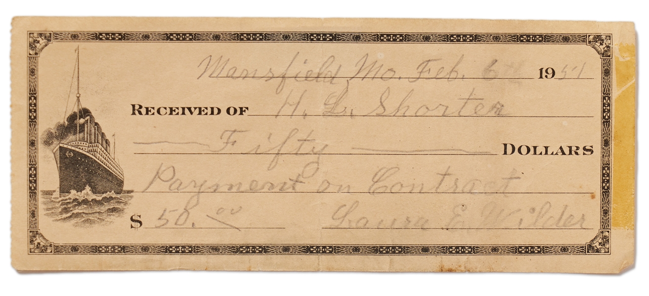 Laura Ingalls Wilder Receipt Signed, Completed Entirely in Her Hand -- With University Archives COA