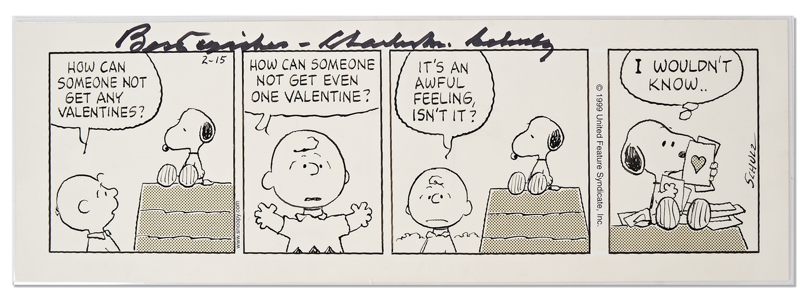 Original Charles Schulz Hand-Drawn ''Peanuts'' Comic Strip -- With Charming Valentine's Day Content