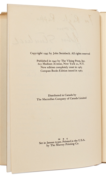 John Steinbeck Signed Copy of ''Cannery Row''