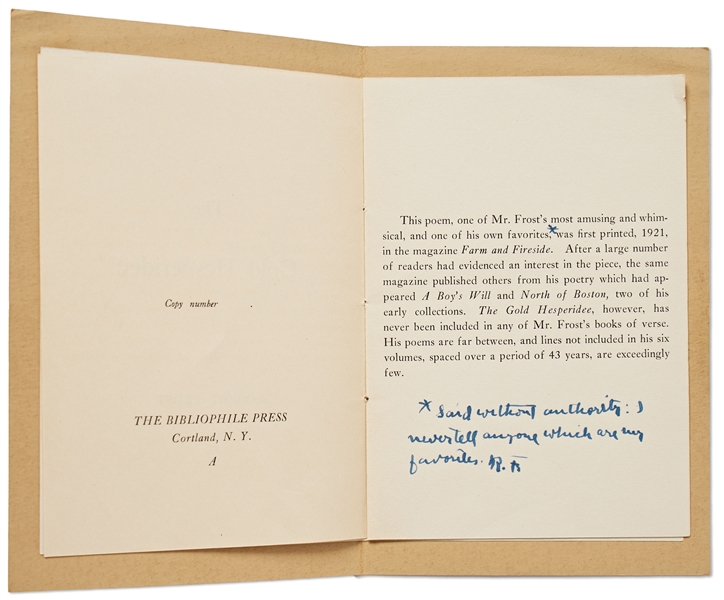 Robert Frost Signed Poem Excerpt from ''The Gold Hesperidee'', Handwritten Inside the First Printing Limited Edition