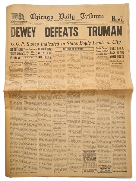 ''Dewey Defeats Truman'' Newspaper -- The Most Famous Newspaper Mistake of All Time -- Complete Paper in Near Fine Condition