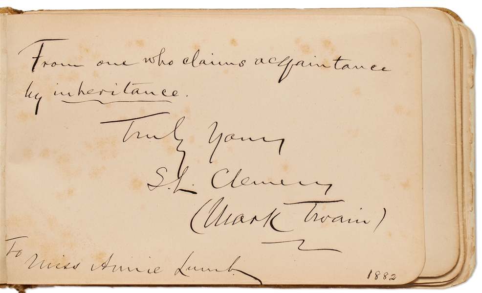 Mark Twain Autograph Quote Signed With Both His Pseudonym, Mark Twain and Also as S.L. Clemens -- ''...claims acquaintance by inheritance...''
