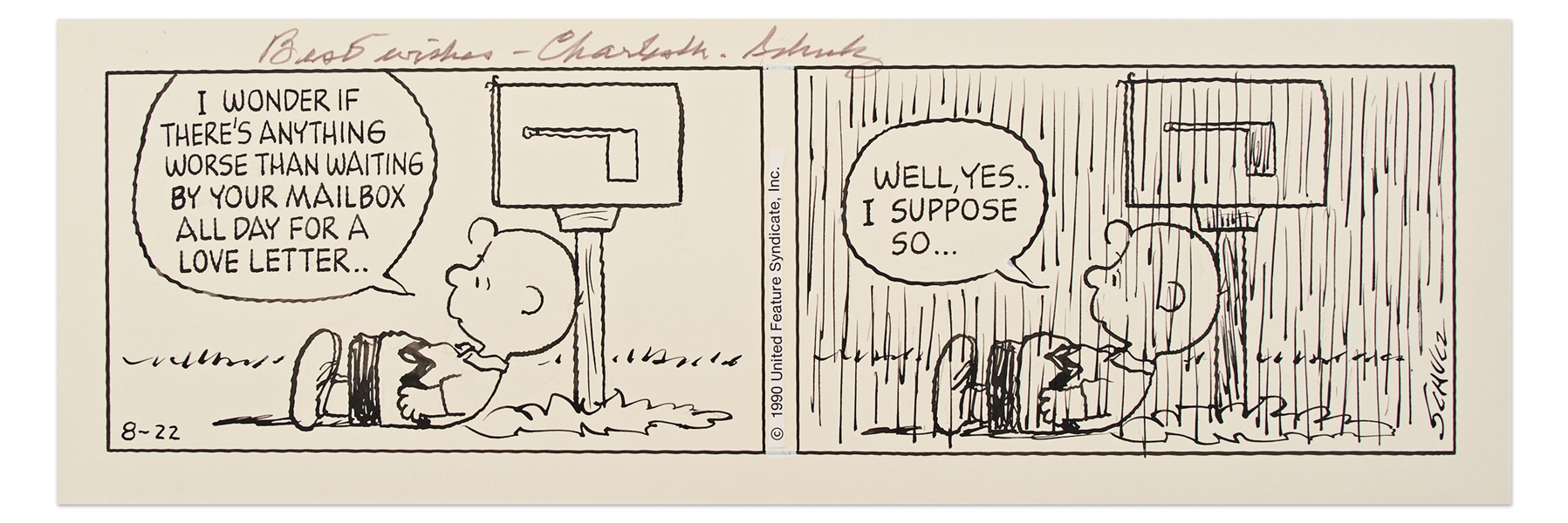 Original ''Peanuts'' Strip Hand-Drawn by Charles Schulz from 1990 -- Charlie Brown Waits for a Love Letter
