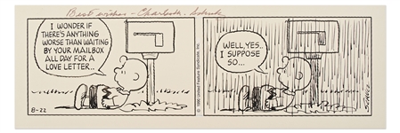 Original Peanuts Strip Hand-Drawn by Charles Schulz from 1990 -- Charlie Brown Waits for a Love Letter