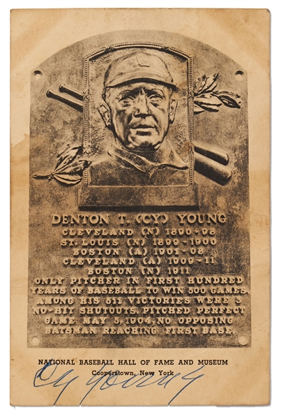 Cy Young Signed Postcard Featuring His Hall of Fame Plaque