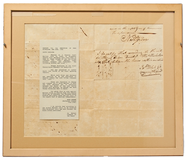 Scarce Execution Order Signed by Nathanael Greene During the Revolutionary War -- Greene Orders One of His Men Shot for Desertion
