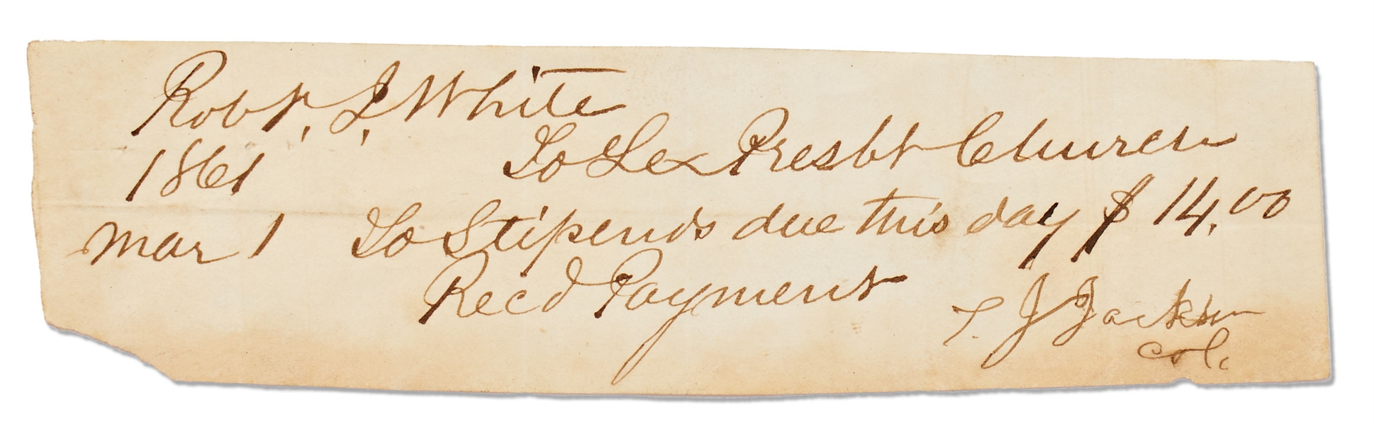 Stonewall Jackson 1861 Document Signed -- With University Archives COA