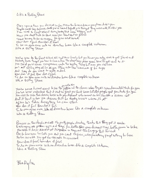 Bob Dylan Signed, Handwritten Lyrics to ''Like a Rolling Stone'', The Quintessential Rock Song -- With Jeff Rosen COA