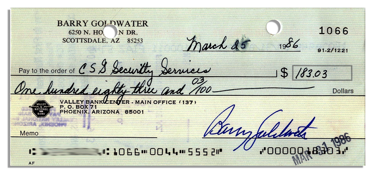 Barry Goldwater Check Signed