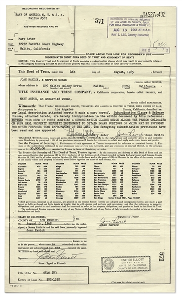 Mary Astor Signed Deed of Trust for Her Malibu Property