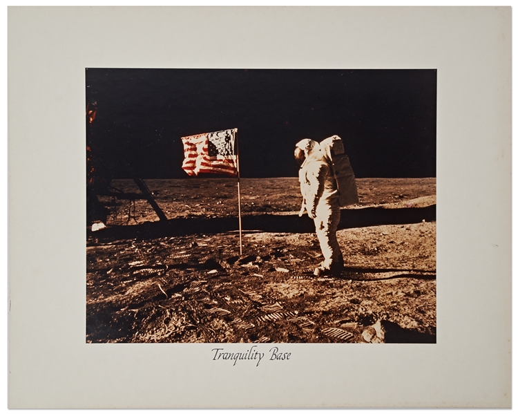 Large Format NASA Chromogenic Photograph of Buzz Aldrin Standing Next to the U.S. Flag on the Moon -- Measures 14'' x 11''