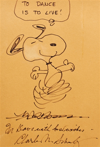 Charles Schulz Signed Sketch of Snoopy Dancing -- Measuring 7.5'' x 10.75''
