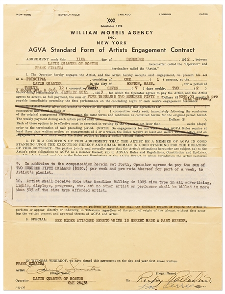 Frank Sinatra Signed Contract to Perform at the Latin Quarter Nightclub -- With JSA COA