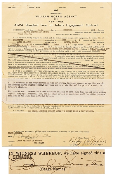 Frank Sinatra Signed Contract to Perform at the Latin Quarter Nightclub -- With JSA COA