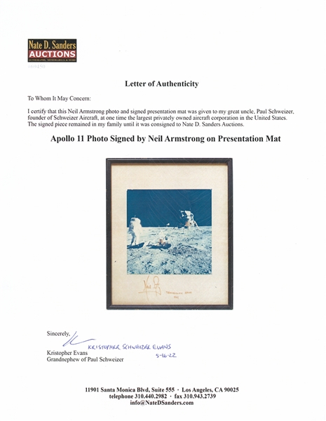 Apollo 11 Photo Signed by Neil Armstrong on Presentation Mat Measuring 10.5'' x 12.5'' -- Armstrong Writes ''Tranquility Base / 1969'' Next to His Signature