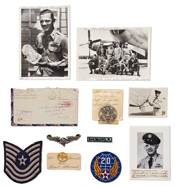 Personally Owned Archive of Enola Gay Assistant Flight Engineer Robert Shumard -- Includes Military Insignia, 1945 Photos from the 509th's Training in Utah & Signed Cover Just Days Before the Mission