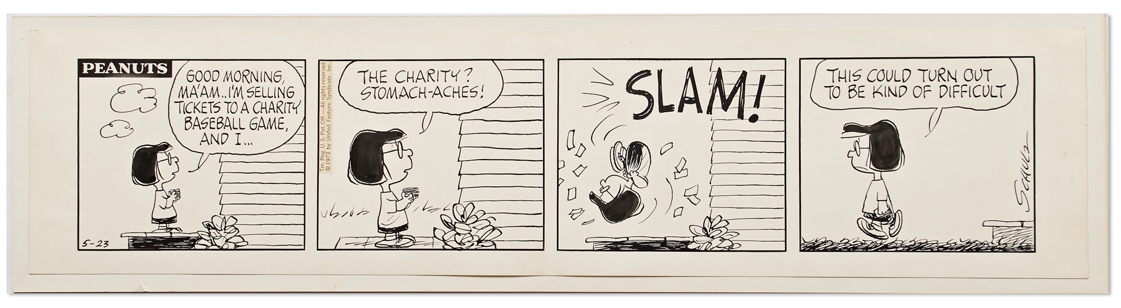 Original ''Peanuts'' Comic Strip Hand-Drawn by Charles Schulz -- Marcie Tries to Sell Tickets to a Charity Baseball Game