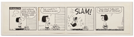Original Peanuts Comic Strip Hand-Drawn by Charles Schulz -- Marcie Tries to Sell Tickets to a Charity Baseball Game