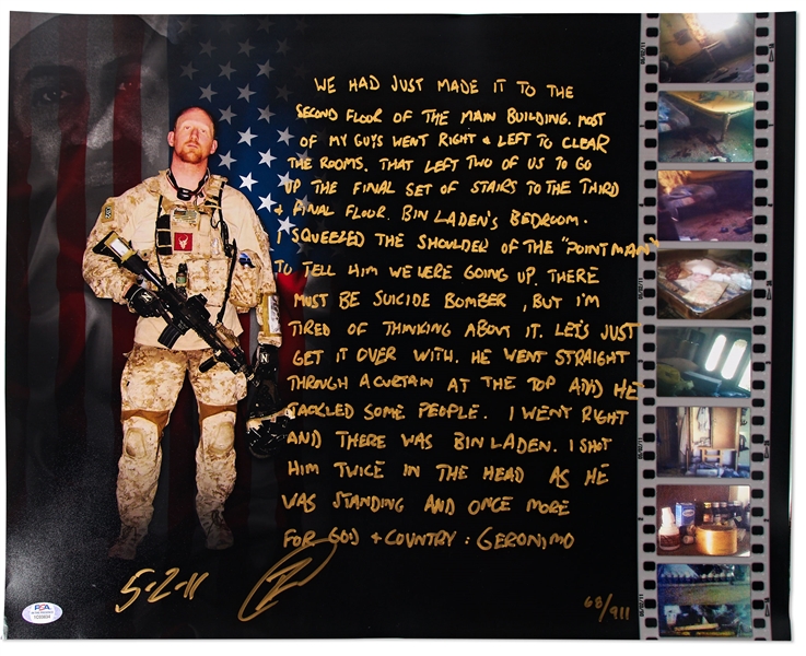 Robert O'Neill Signed 20'' x 16'' Limited Edition Photo Describing the Assassination of Osama bin Laden -- With PSA/DNA COA