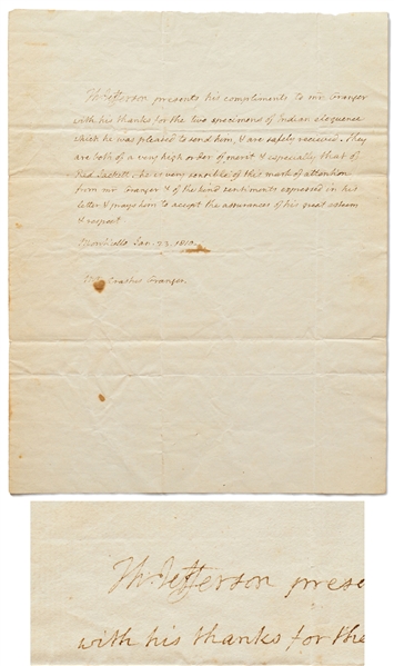 Thomas Jefferson's Signed Acknowledgement that He Admires One of the Most Famous Native-American Speeches, Where Red Jacket Blames the White Man for Country Confiscation and Hypocritical Proselytizing