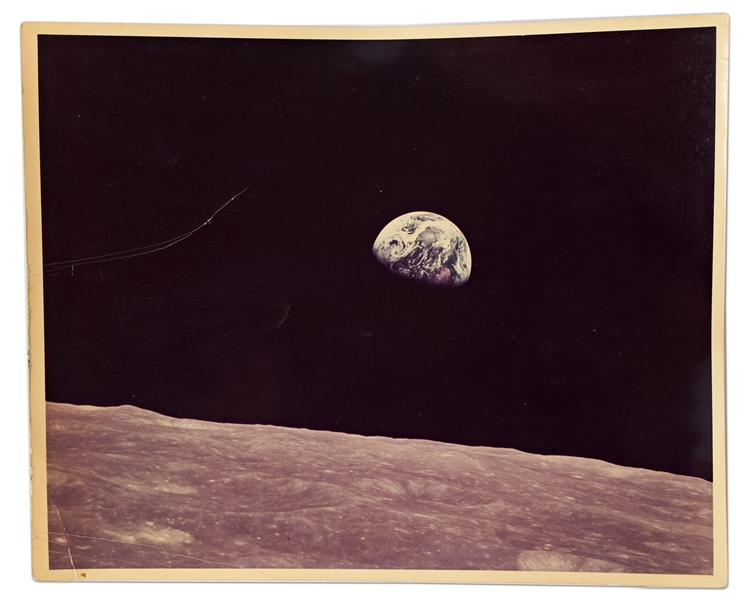 Set of Two Apollo 8 Earthrise Photos -- With NASA Press Release Stamp From 1968 on Verso of Each