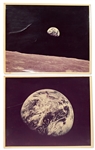 Set of Two Apollo 8 Earthrise Photos -- With NASA Press Release Stamp From 1968 on Verso of Each