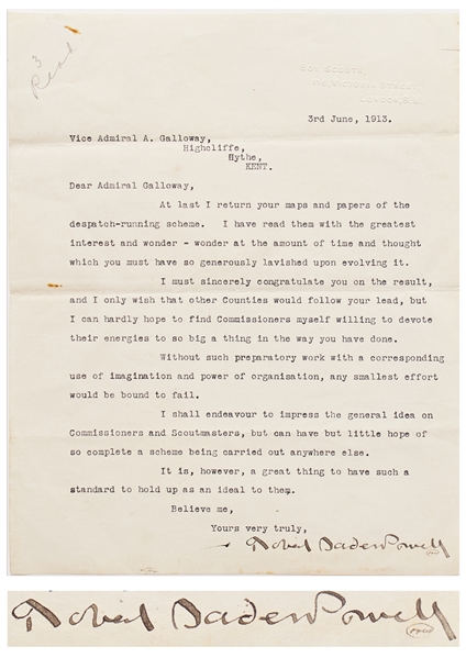 Robert Baden-Powell Letter Signed from 1913 -- ''...I shall endeavour to impress the general idea on Commissioners and Scoutmasters...''