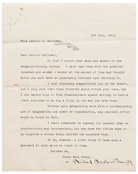 Robert Baden-Powell Letter Signed from 1913 -- ''...I shall endeavour to impress the general idea on Commissioners and Scoutmasters...''