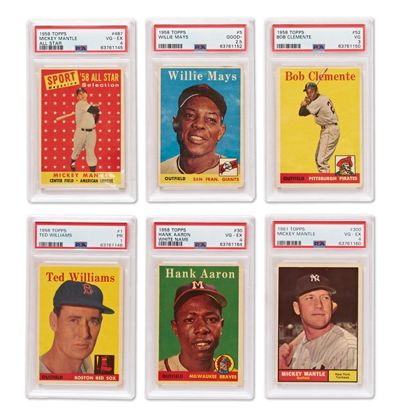 Lot of Over 300 Baseball Cards -- 23 Graded Cards Including 1956 Topps #135 Mickey Mantle with White Back, & 308 Raw Cards