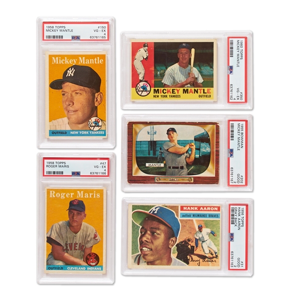 Lot of Over 300 Baseball Cards -- 23 Graded Cards Including 1956 Topps #135 Mickey Mantle with White Back, & 308 Raw Cards